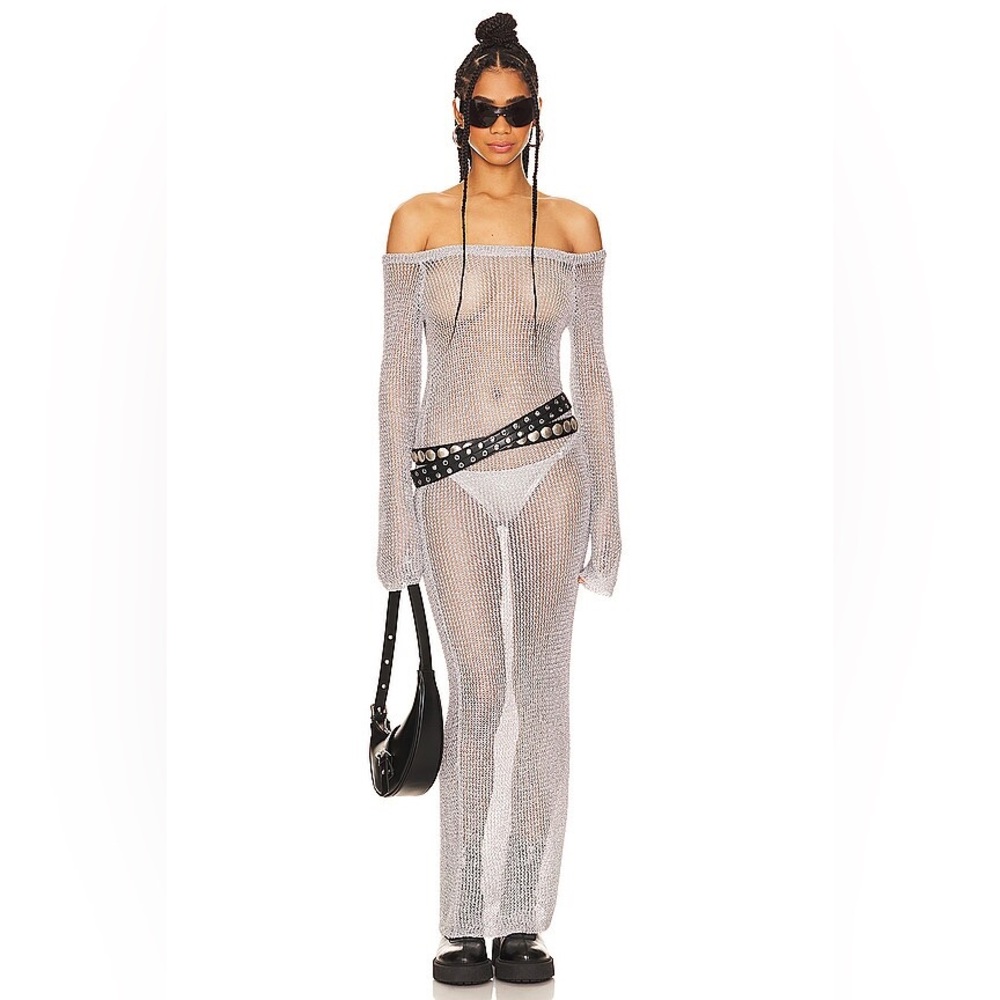Superdown Shimmering Silver Off-Shoulder Dress